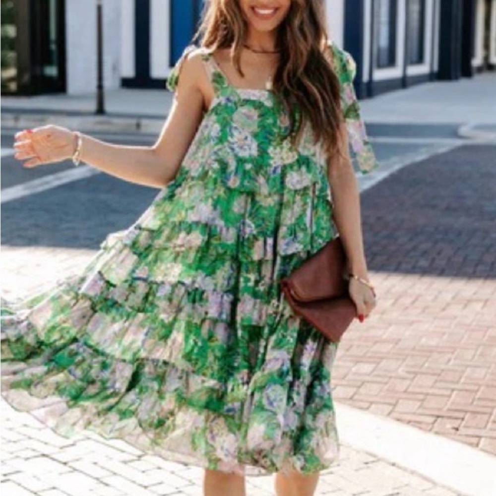 Green and Pink Tiered Midi Skirt for Cocktail Events